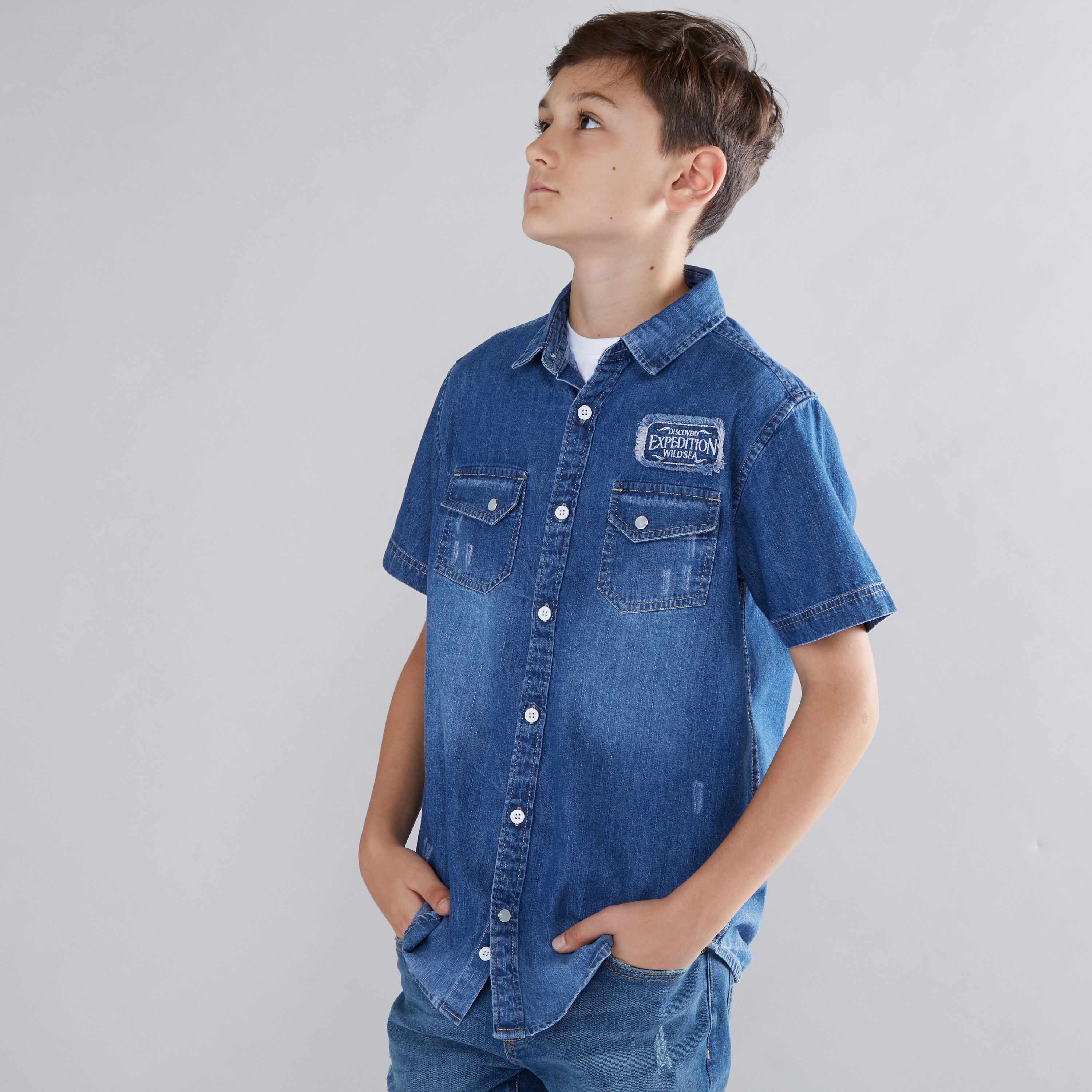 Boys Star & Geo Print Flap Pocket Denim Shirt | SHEIN IN