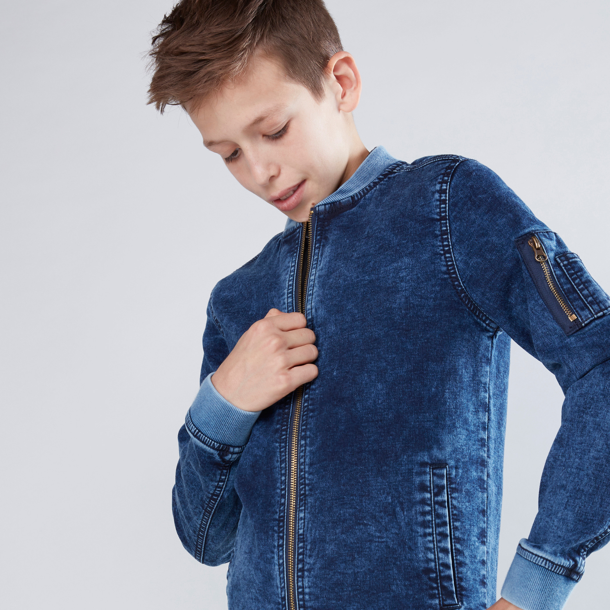 Denim jacket store with mandarin collar