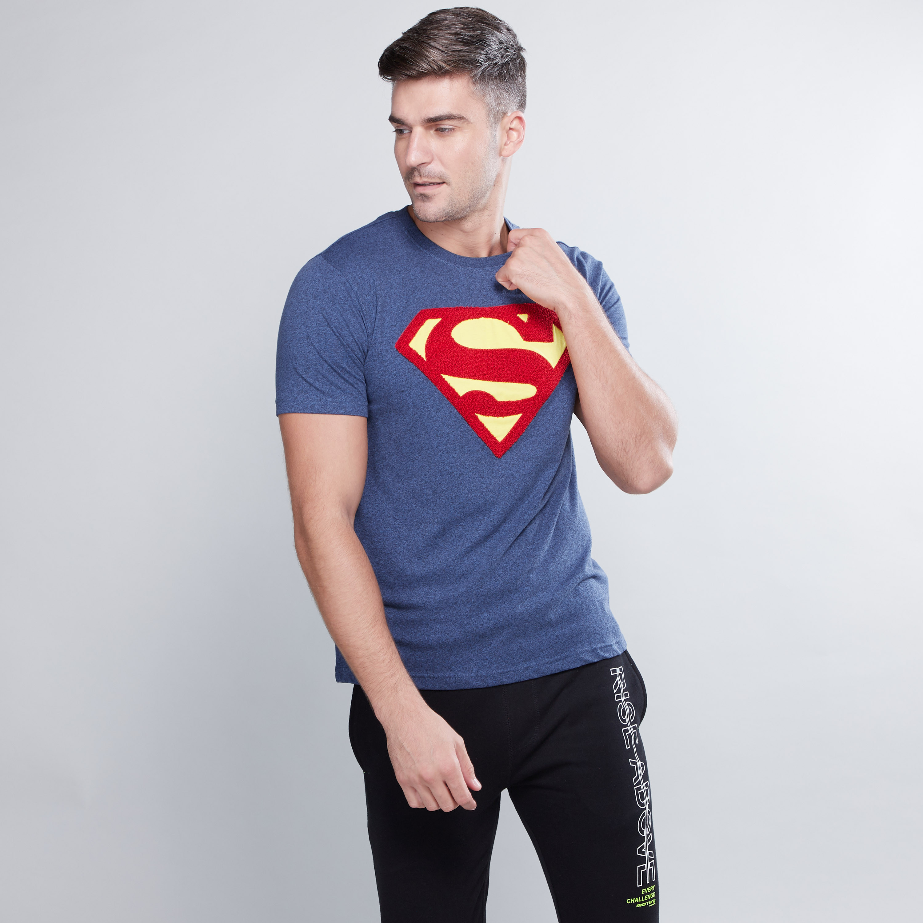 Shop Superman Printed T shirt with Round Neck and Short Sleeves