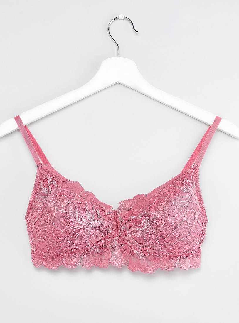 Shop Padded Non-Wired Plunge Bra with Adjustable Straps and Lace Detail  Online