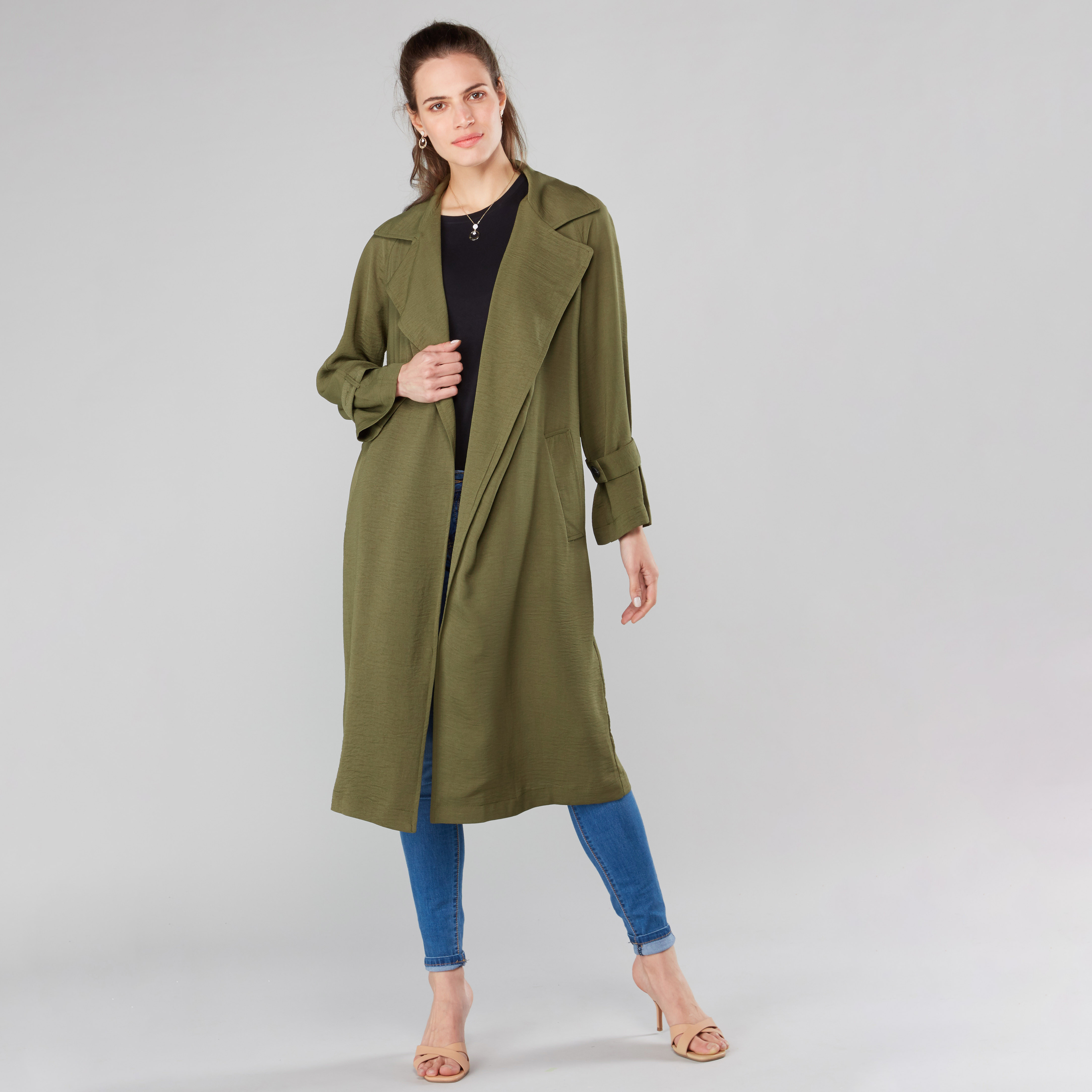 Shop Solid Trench Coat with Long Sleeves and Pocket Detail Online