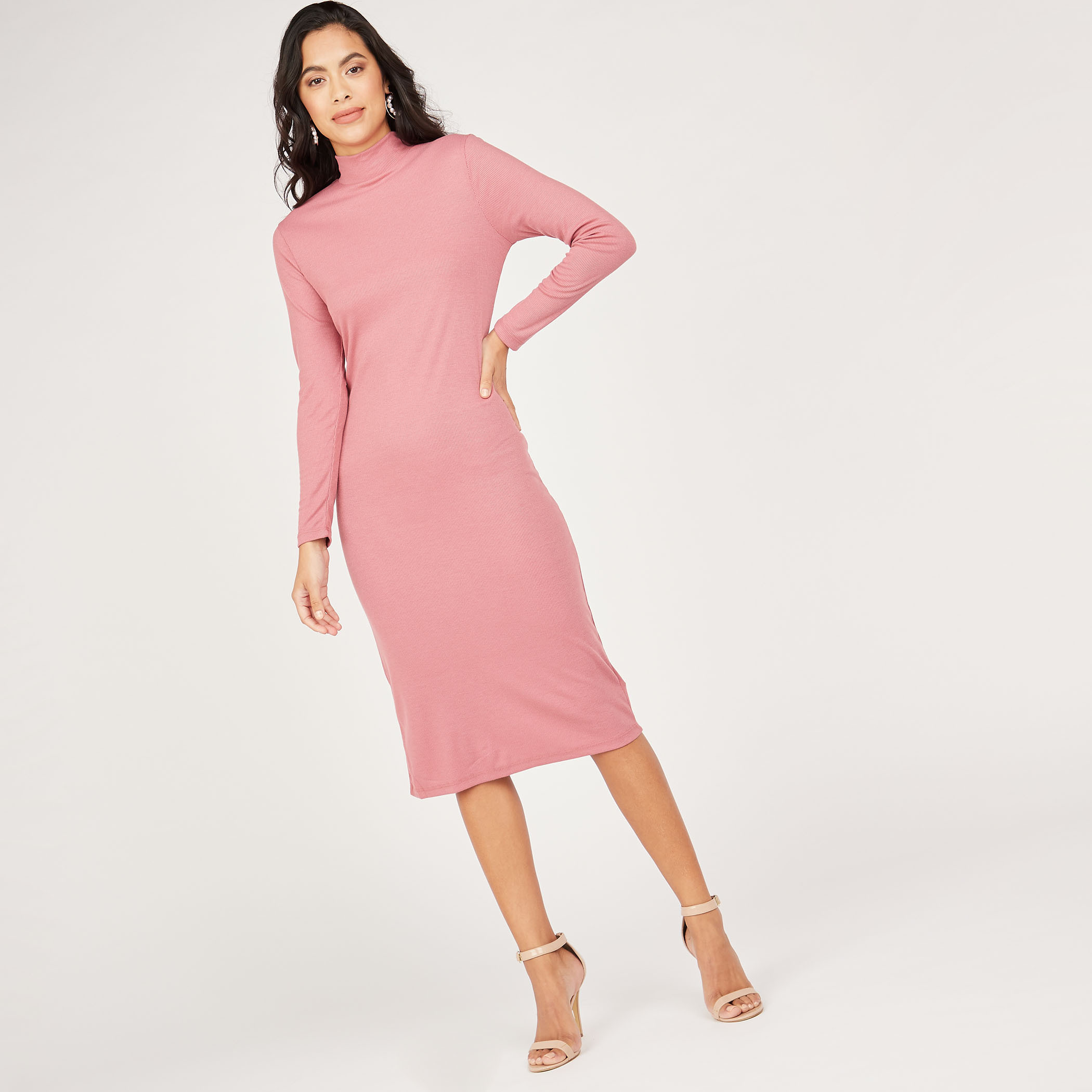 Pink long cheap sleeve midi dress