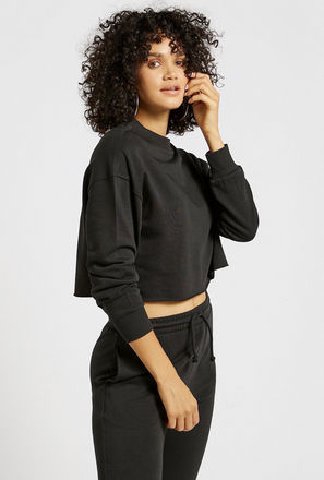Solid Cropped Sweatshirt with Crew Neck and Long Sleeves