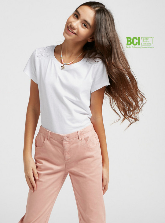Solid T-shirt with Lace Insert Detail and Short Sleeves