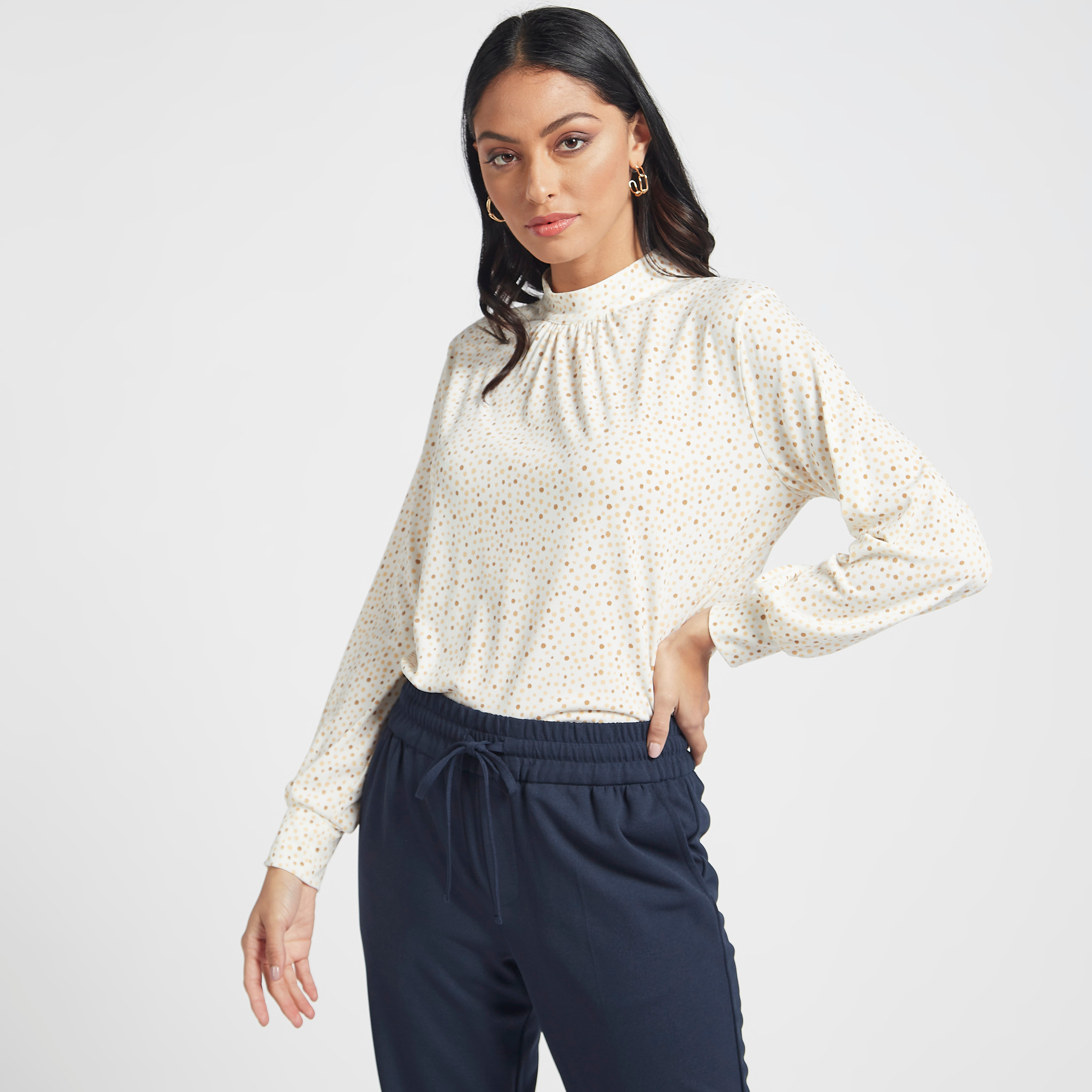 high neck polka dot blouse