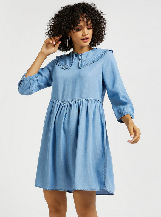 Solid Peter Pan Collared A-line Denim Dress with 3/4 Sleeves