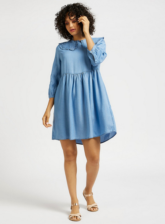 Solid Peter Pan Collared A-line Denim Dress with 3/4 Sleeves