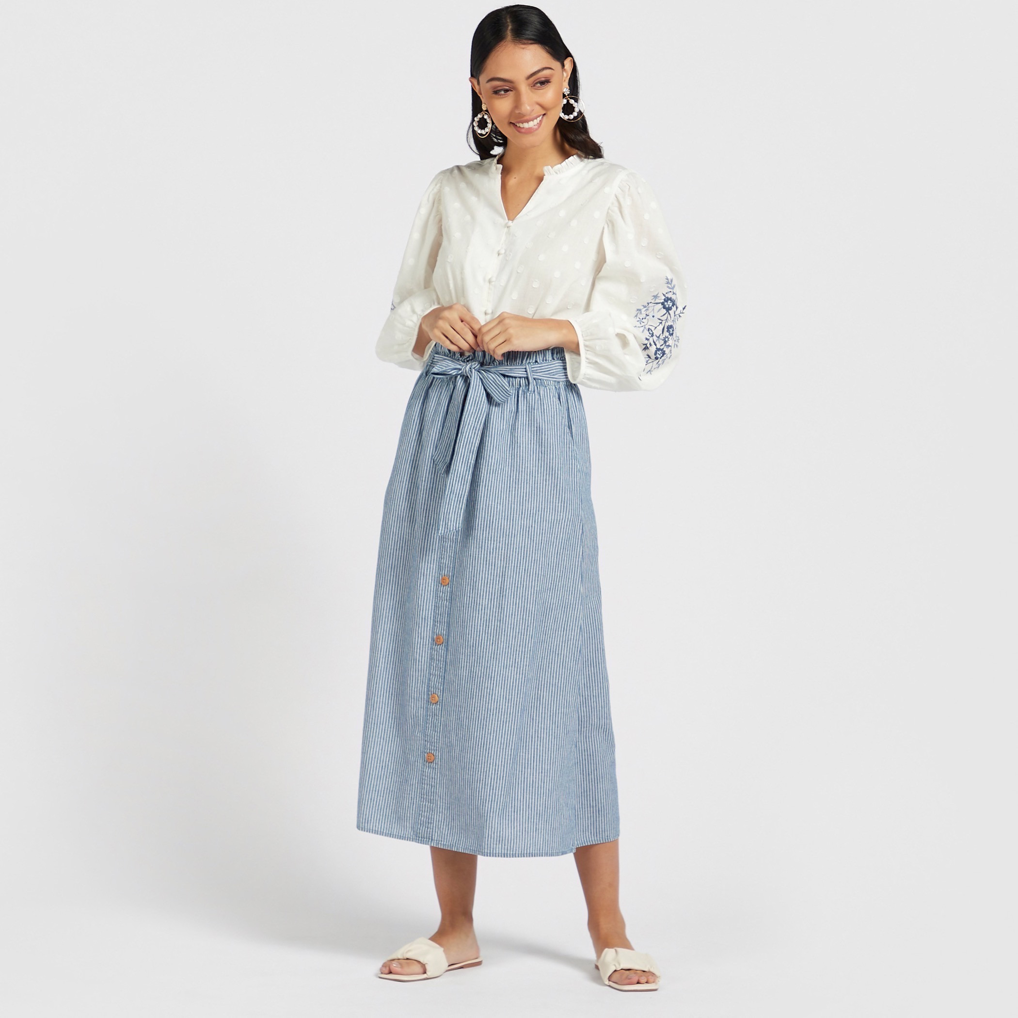 Palisade button-front midi shop skirt in chambray stripe