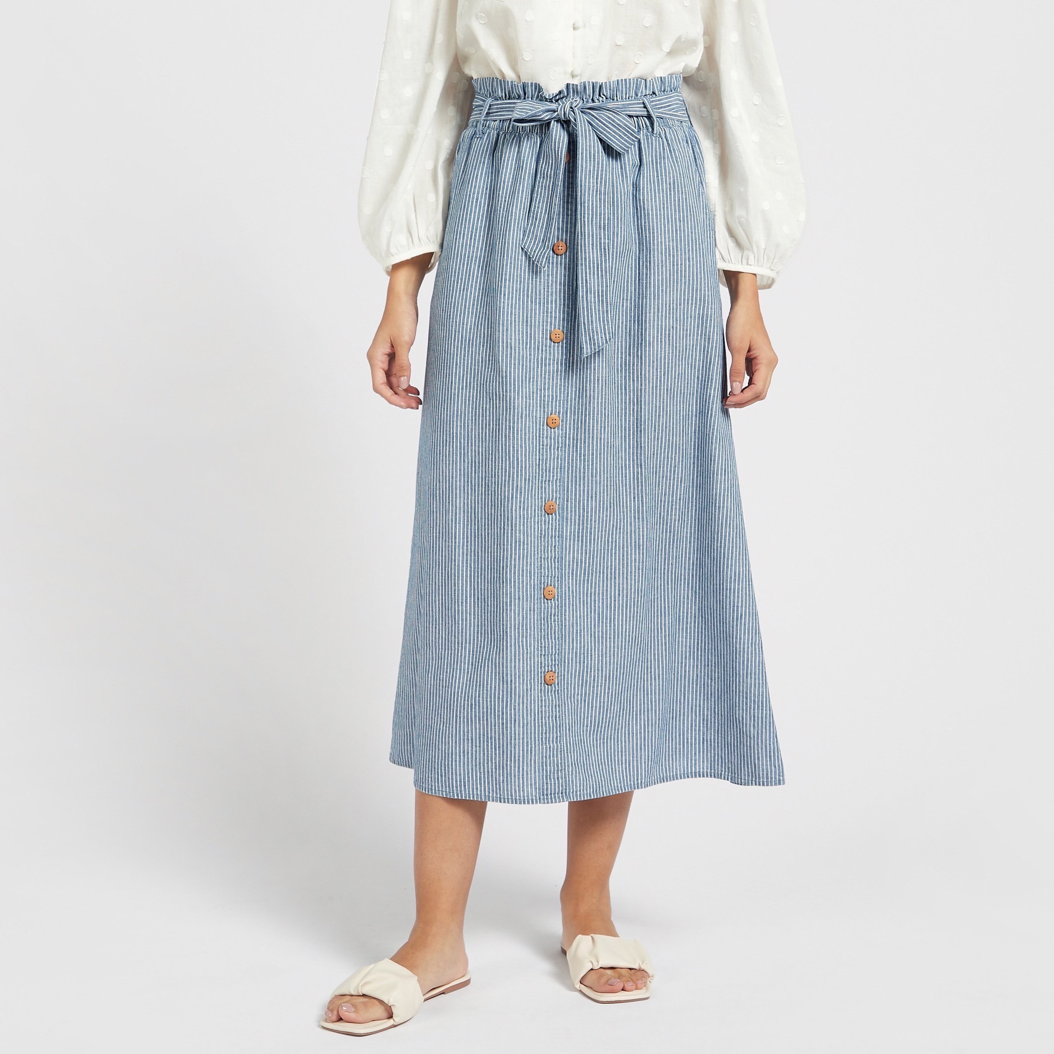 Palisade button-front midi shop skirt in chambray stripe