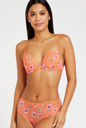All-Over Floral Print Plunge Bra with Hook and Eye Closure