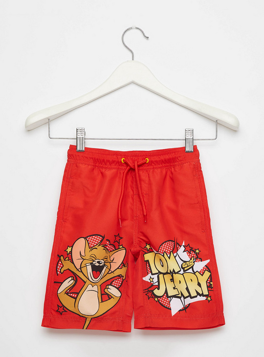 Tom and Jerry Graphic Print Swim Shorts with Drawstring Closure