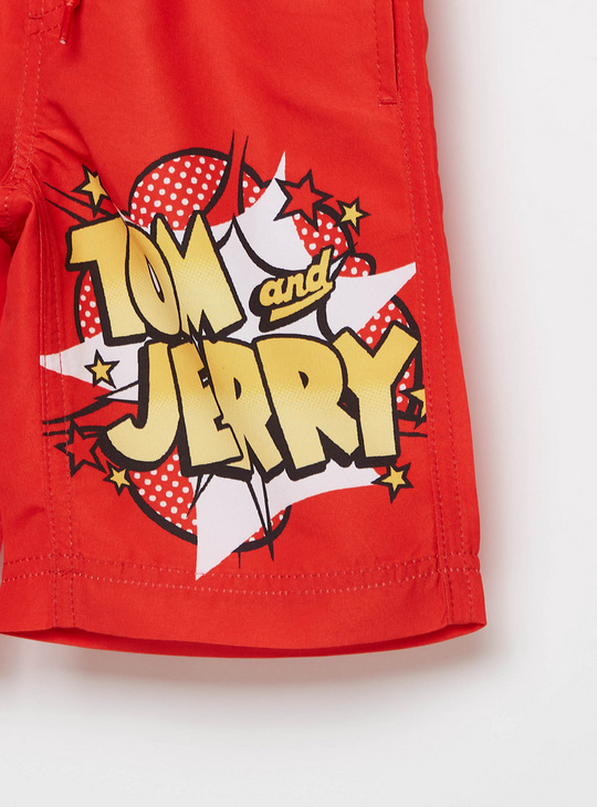 Tom and Jerry Graphic Print Swim Shorts with Drawstring Closure