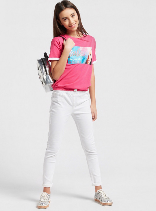 Barbie Graphic Print T-shirt with Round Neck and Short Sleeves