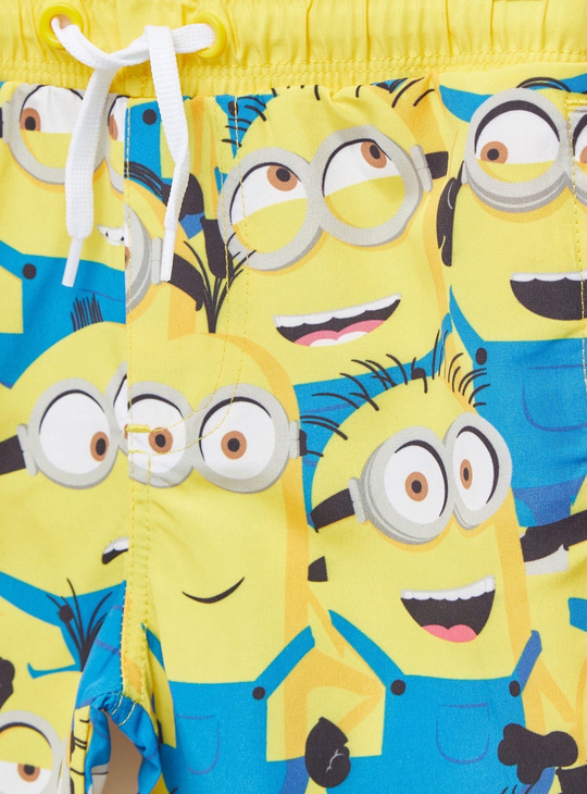 All-Over Minions Print Swim Shorts with Pockets and Drawstring Closure