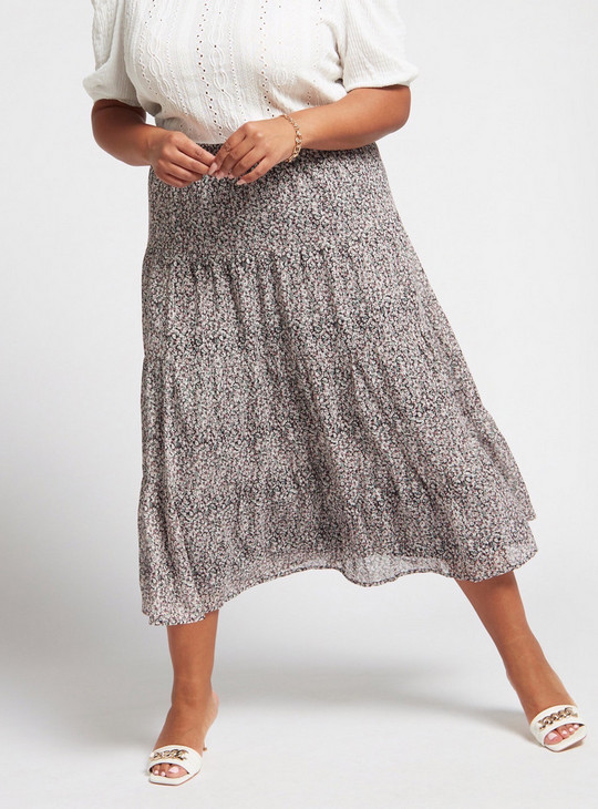 All-Over Floral Print Tiered Skirt with Elasticised Waistband