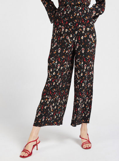 All-Over Floral Print Pleated Palazzo Pants with Elasticised Waistband