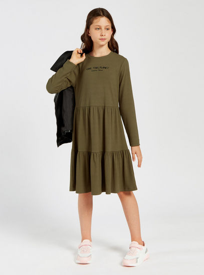 Ribbed Tiered Dress with Round Neck and Long Sleeves