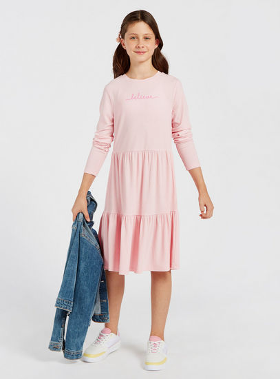 Ribbed Tiered Dress with Round Neck and Long Sleeves