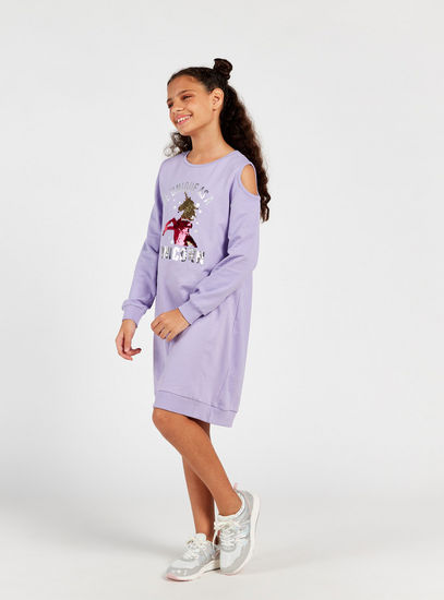 Unicorn Embellished Sweat Dress with Long Sleeves and Cold Shoulder Detail
