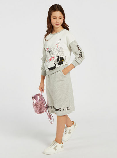 Graphic Print Sweatshirt with Midi Skirt