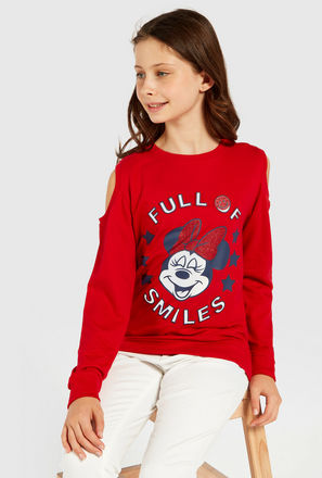 Minnie Mouse Print Cold Shoulder Sweatshirt with Long Sleeves