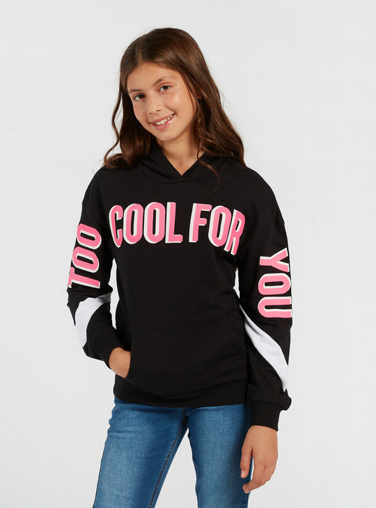 Text Print Sweatshirt with Hood and Long Sleeves