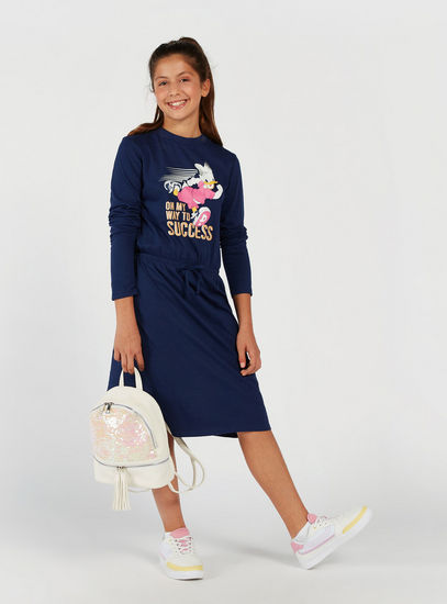 Daisy Duck Print Knee Length Dress with Long Sleeves-Casual Dresses-image-0