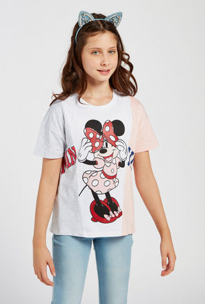 Minnie Mouse Printed Spliced T-shirt with Round Neck and Short Sleeves