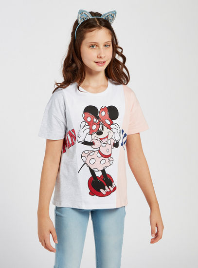 Minnie Mouse Printed Spliced T-shirt with Round Neck and Short Sleeves-T-shirts-image-0