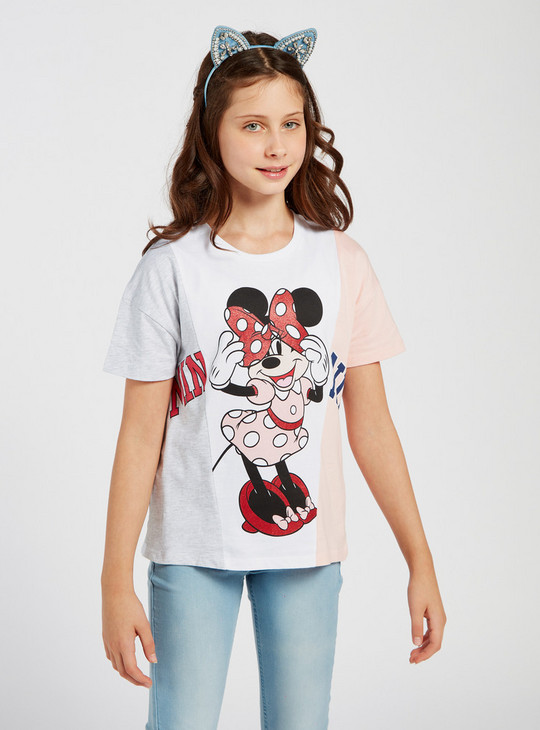 Minnie Mouse Printed Spliced T-shirt with Round Neck and Short Sleeves