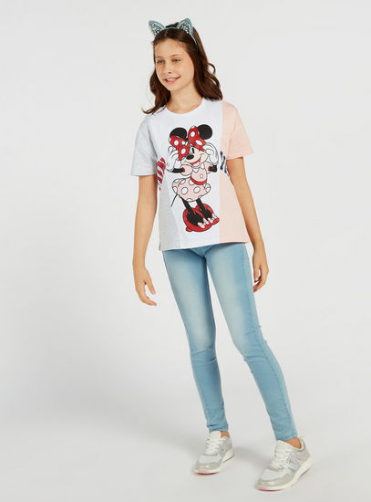 Minnie Mouse Printed Spliced T-shirt with Round Neck and Short Sleeves-T-shirts-image-1