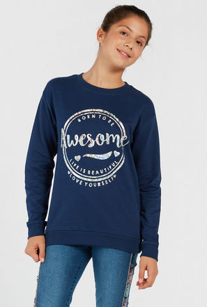 Typographic Print Round Neck Sweatshirt with Long Sleeves