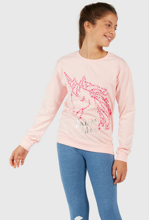 Unicorn Graphic Print Sweatshirt with Round Neck and Long Sleeves-mxkids-girlseighttosixteenyrs-clothing-hoodiesandsweatshirts-1