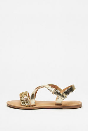 Glittery Cross Strap Sandals with Hook and Loop Closure