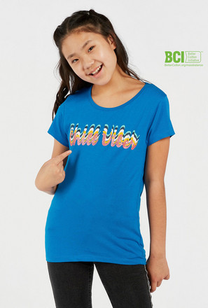 Slogan Print BCI Cotton T-shirt with Round Neck and Short Sleeves