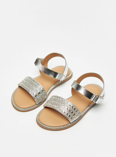 Embellished Open Toe Sandals with Hook and Loop Closure-Sandals-image-1