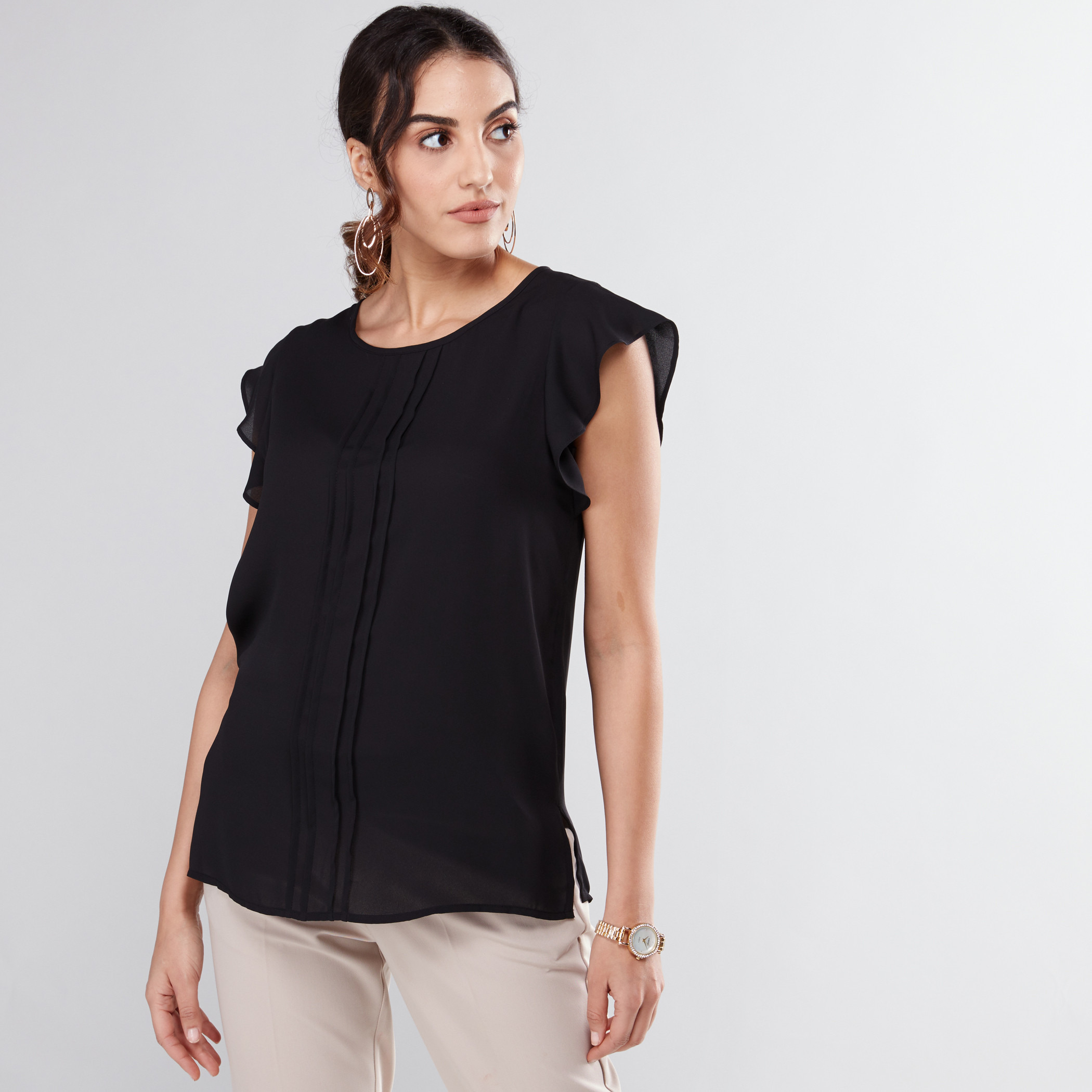 Shop Round Neck Top with Ruffle Sleeves and Pleat Detail Online Max Bahrain