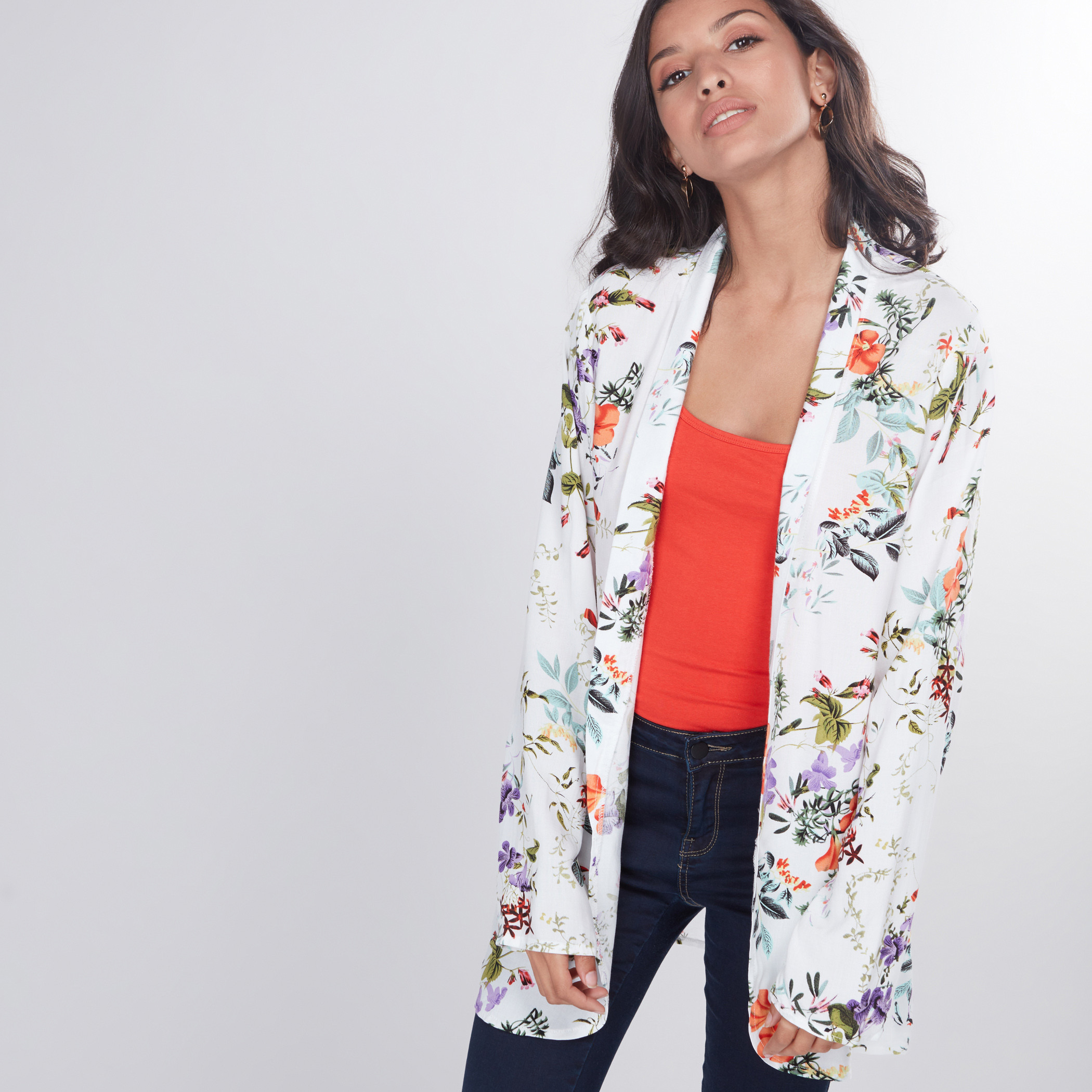 Shop Floral Printed Longline Open Front Jacket with Long Sleeves Online Max Bahrain