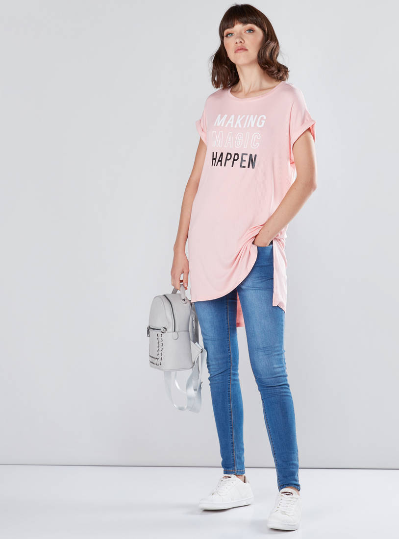 Shop Printed Longline T-Shirt with High Low Hem and Extended