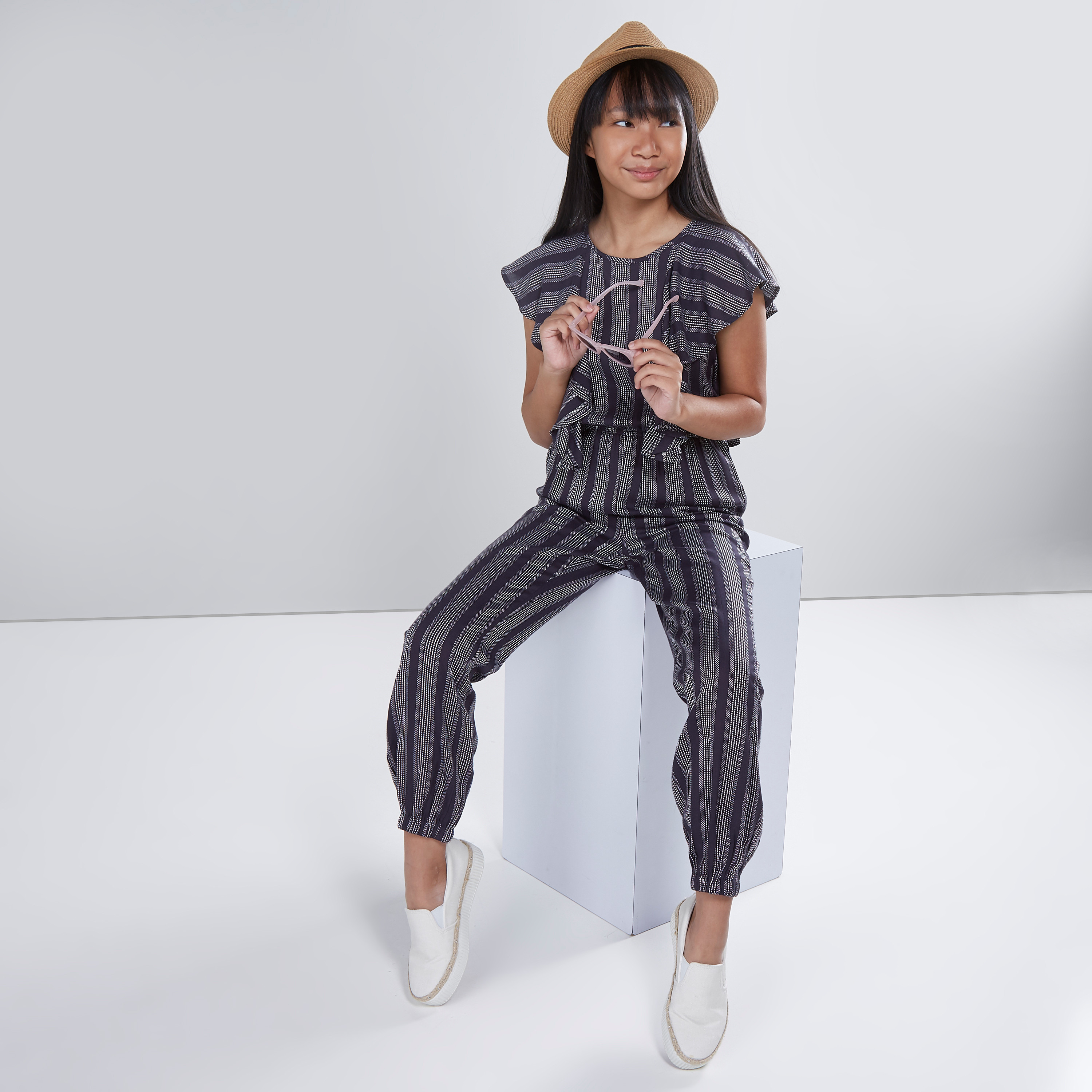 Round neck striped sales jumpsuit