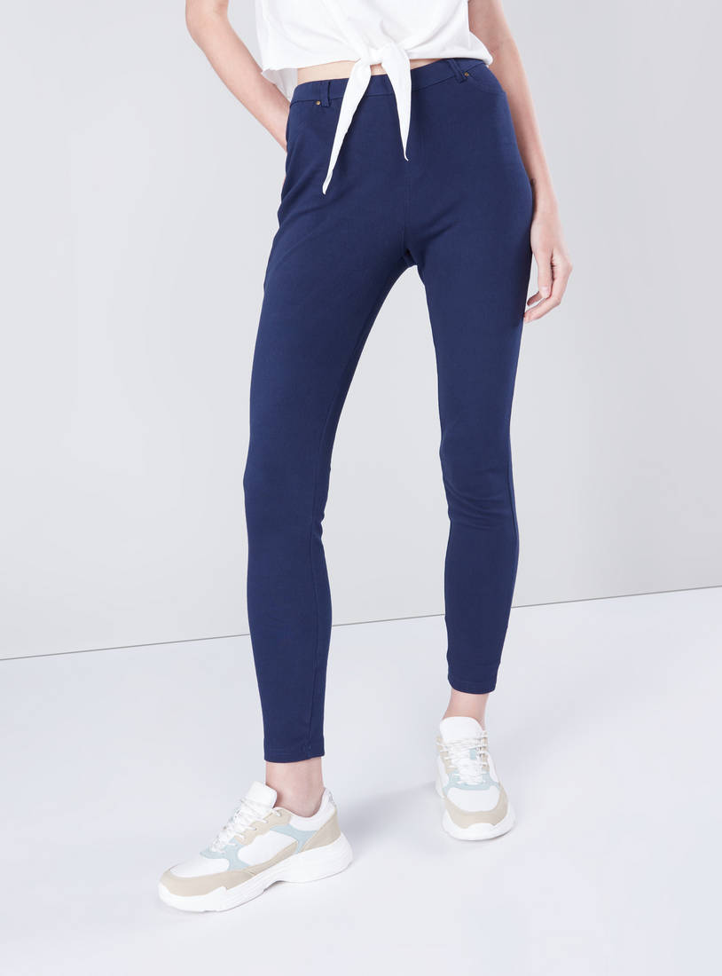 Shop Solid Jeggings with Elasticised Waistband and Pocket Detail Online