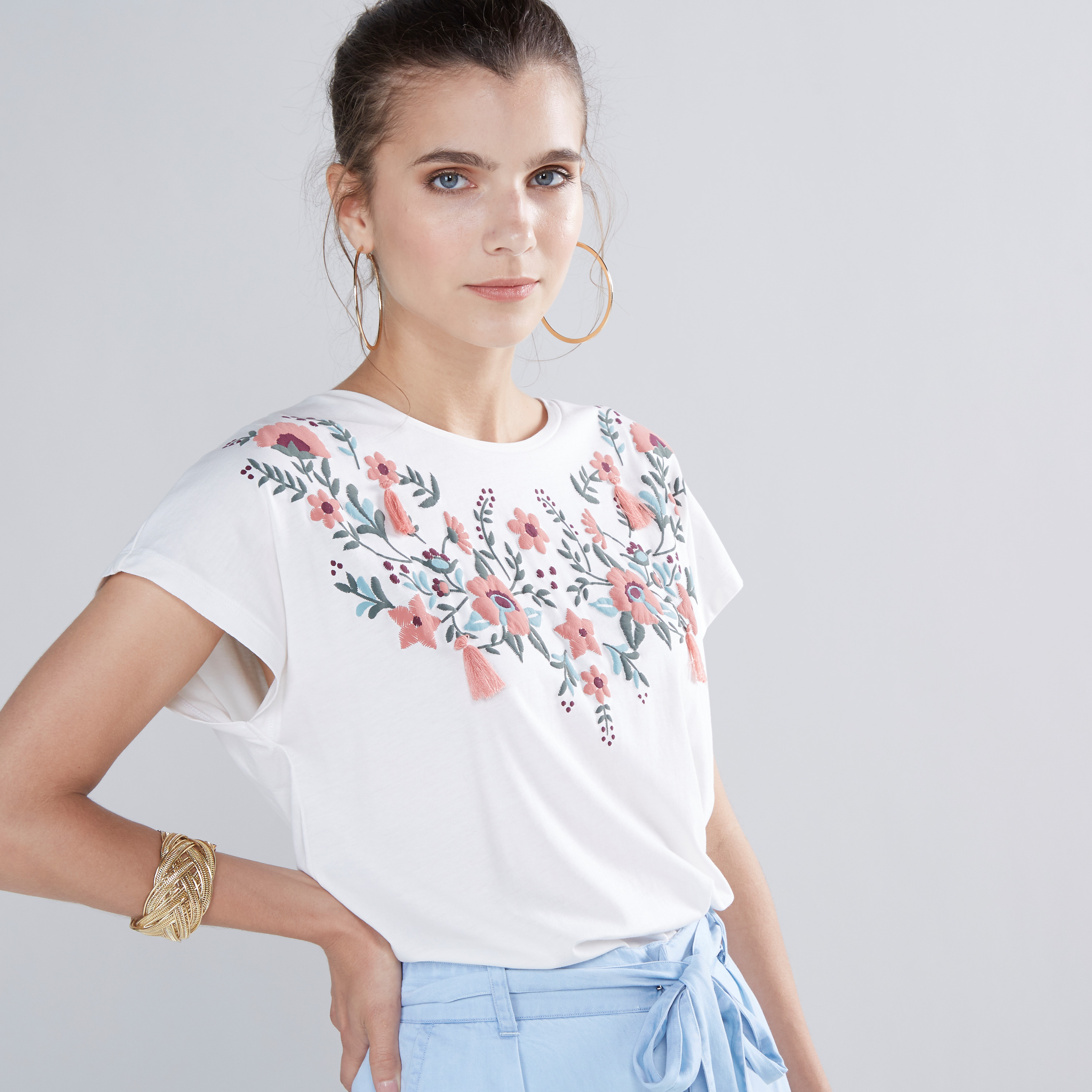 Shop Embroidered T-shirt with Round Neck and Extended