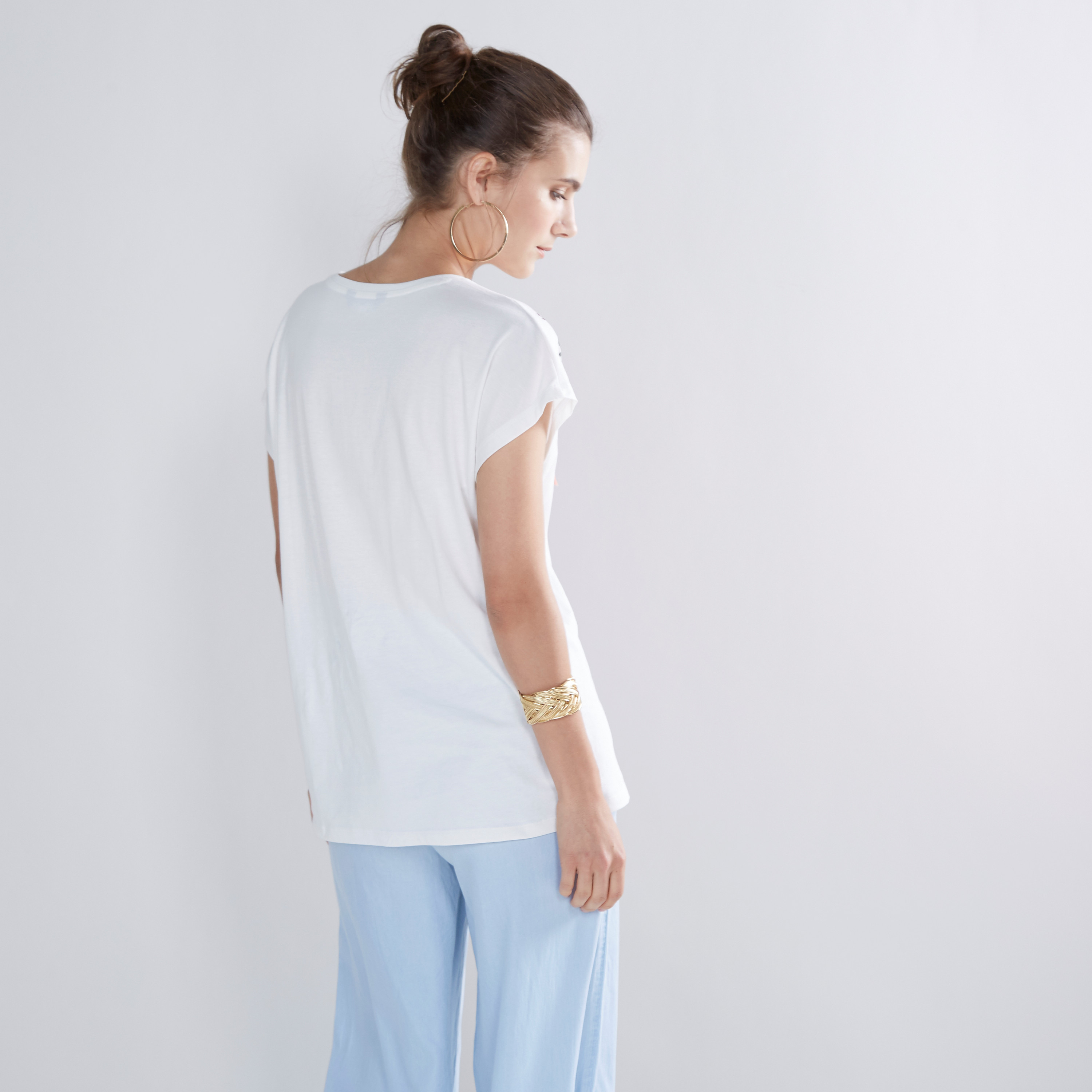 Shop Embroidered T-shirt with Round Neck and Extended