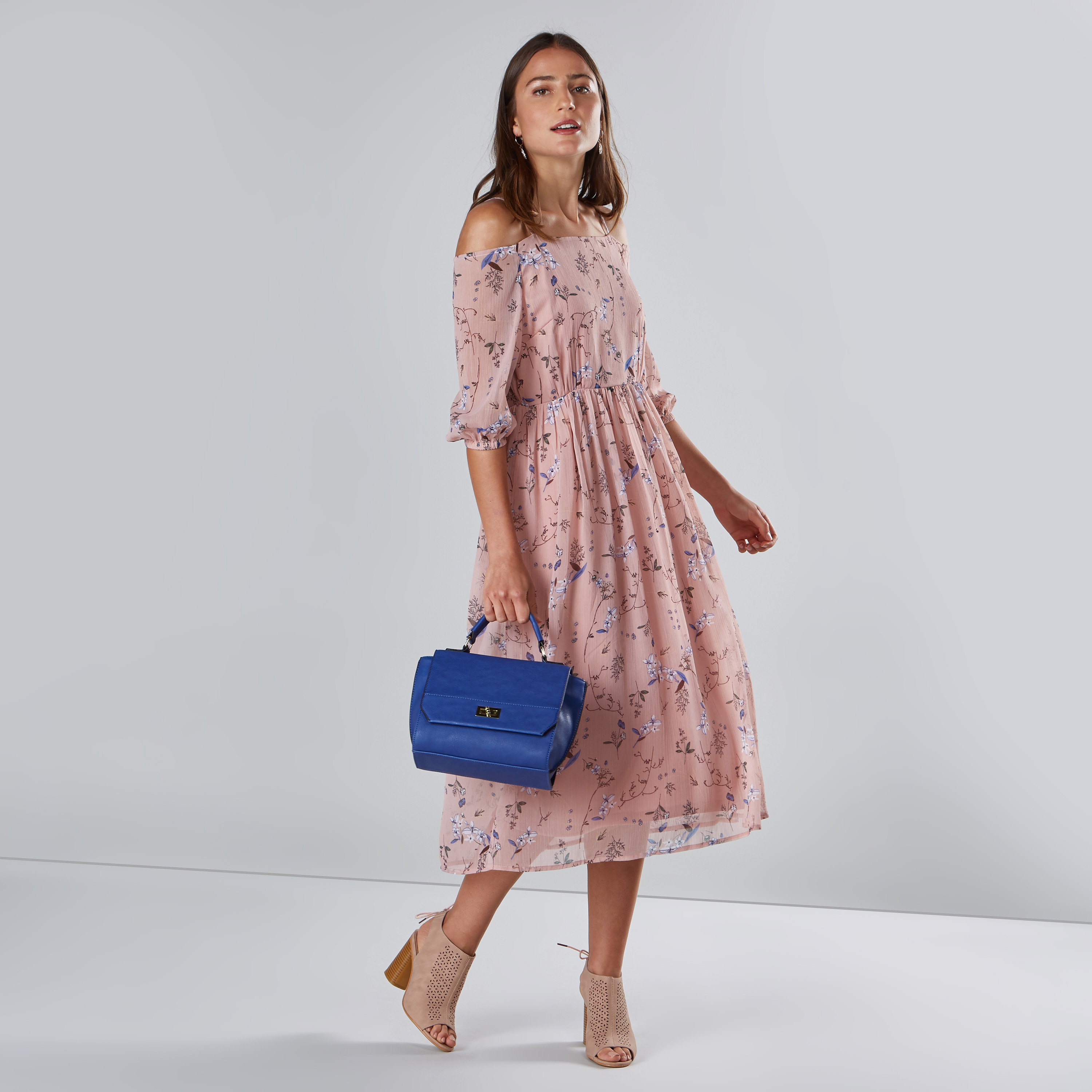 Shop Floral Printed Midi Dress with Cold Shoulder Sleeves Online Max Bahrain