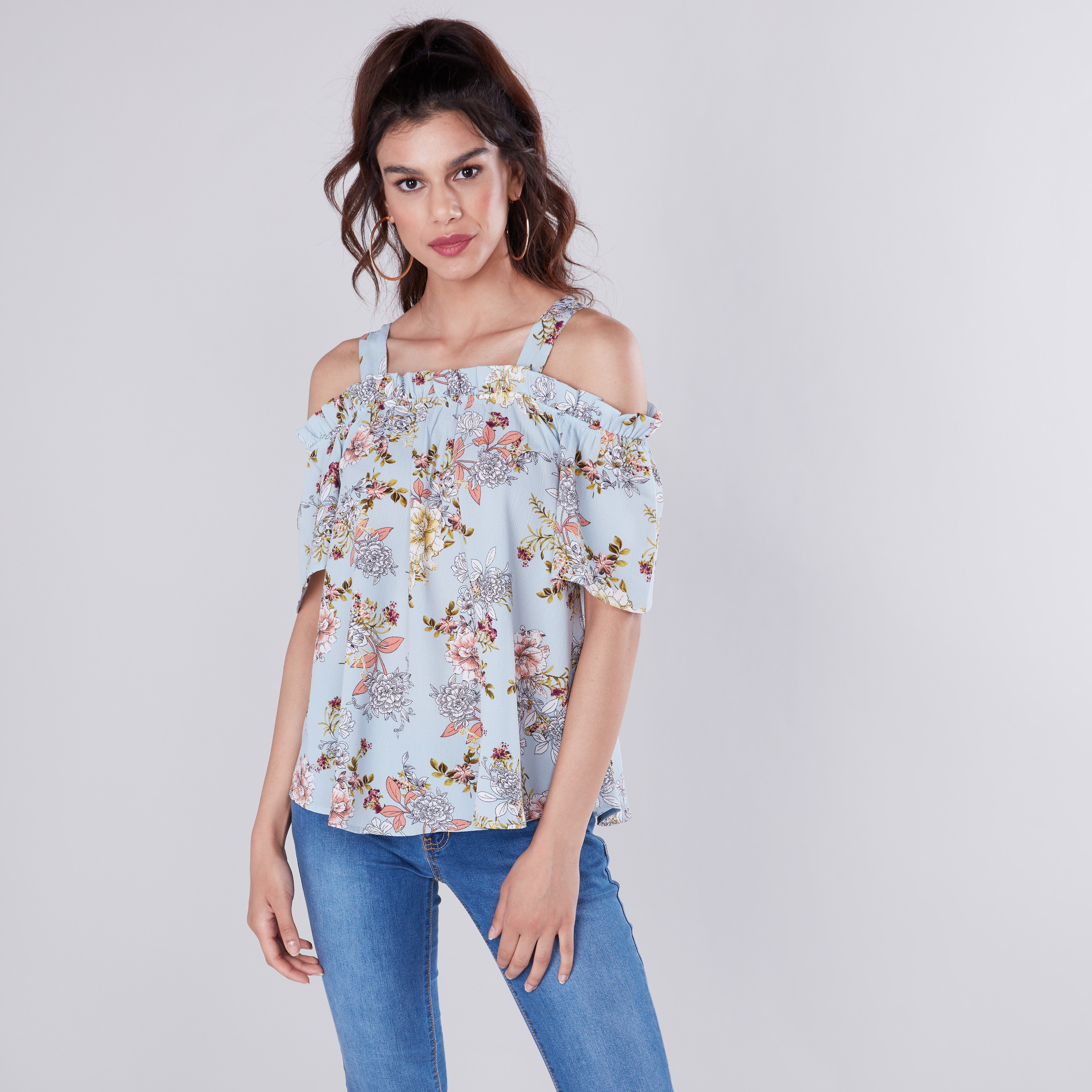 Shop Floral Printed Off Shoulder Top with Straps and Frill Detail Online Max Bahrain