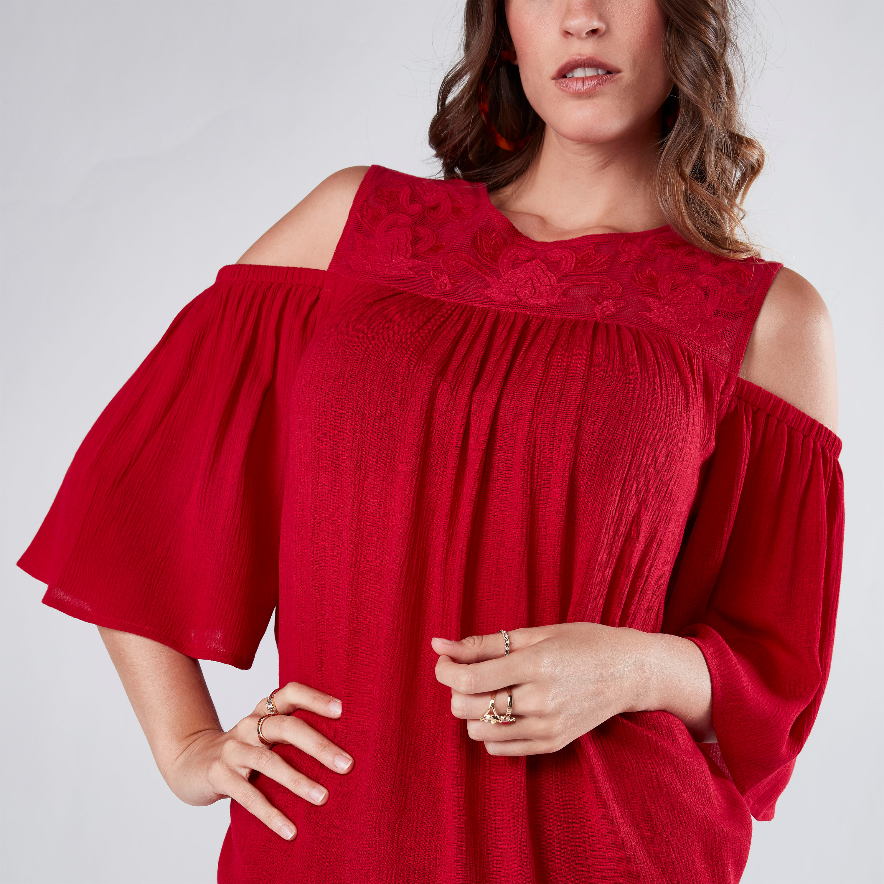 Shop Embroidered Cold Shoulder Top with 3 4 Sleeves Online Max Bahrain