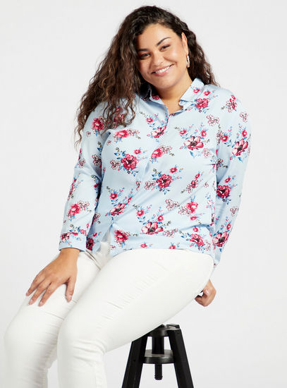 All-Over Floral Print Shirt with Spread Collar and Long Sleeves