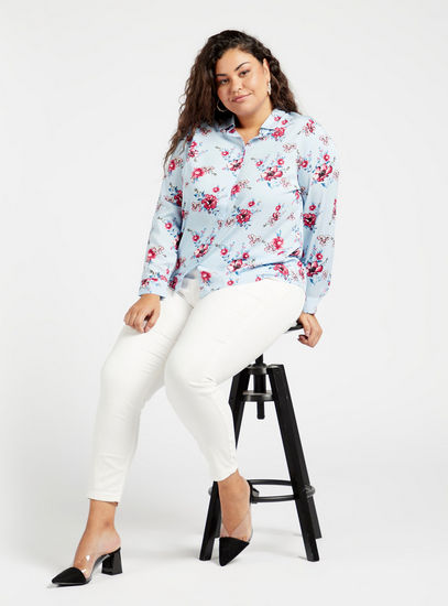 All-Over Floral Print Shirt with Spread Collar and Long Sleeves