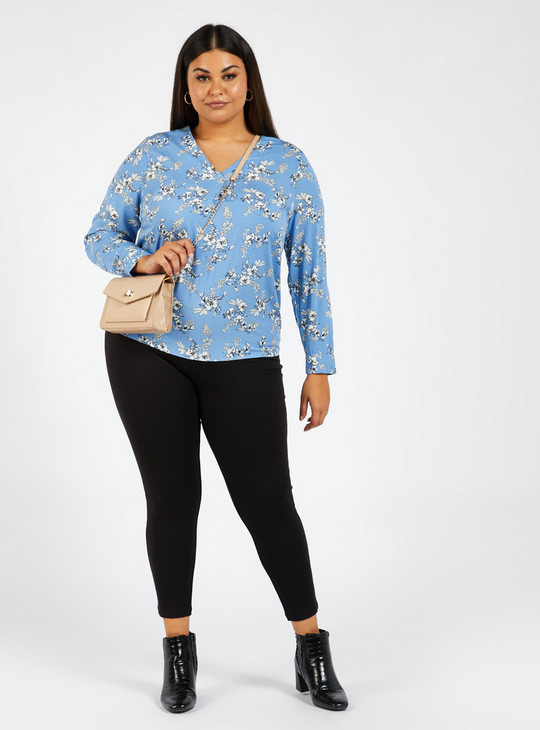 Floral Print V-Neck Top with Long Sleeves