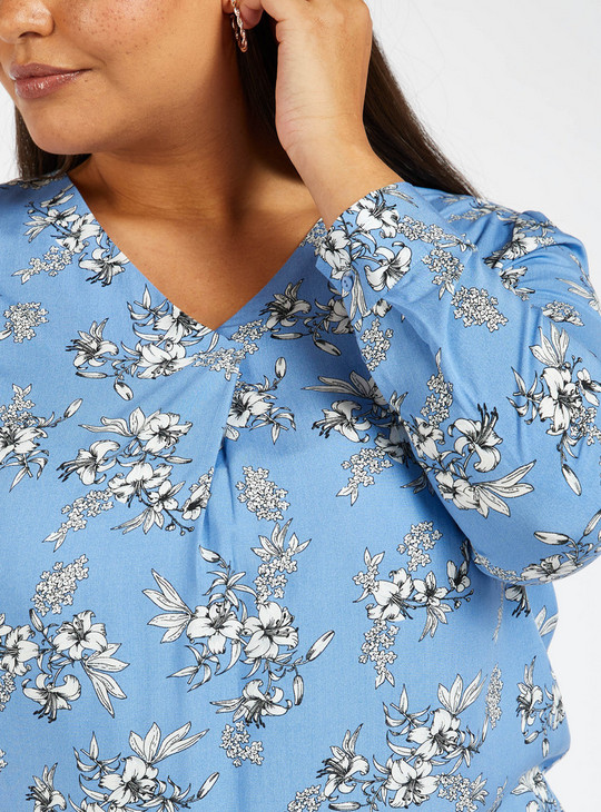 Floral Print V-Neck Top with Long Sleeves